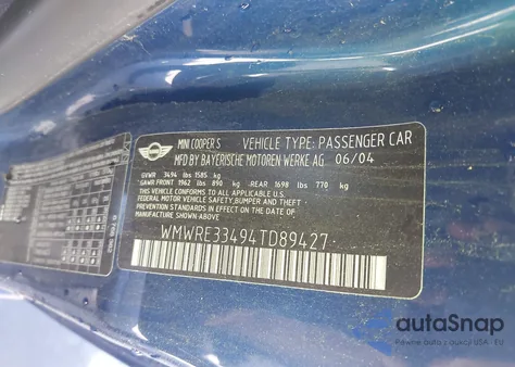 2004 Mini Cooper S z USA, uszkodzony, nr VIN WMWRE33494TD89427